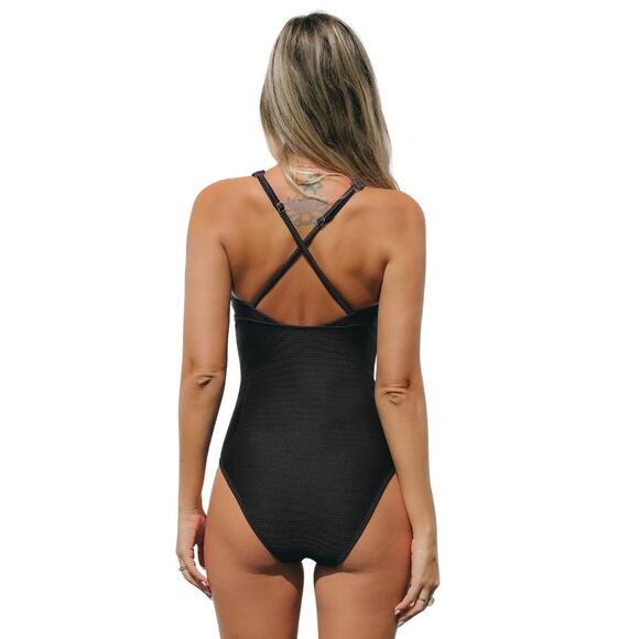 Cupshe Women's Rib Plunge Tummy Control One Piece Swimsuit Black Size XL - Picture 3 of 7
